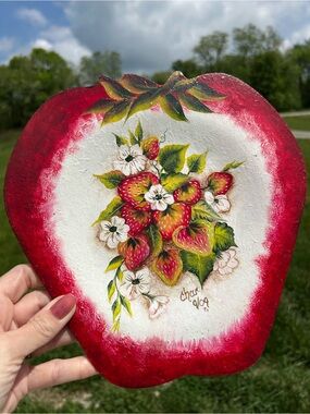 Vintage Wood plate Hand Painted Strawberry strawberries Cottagecore Signed